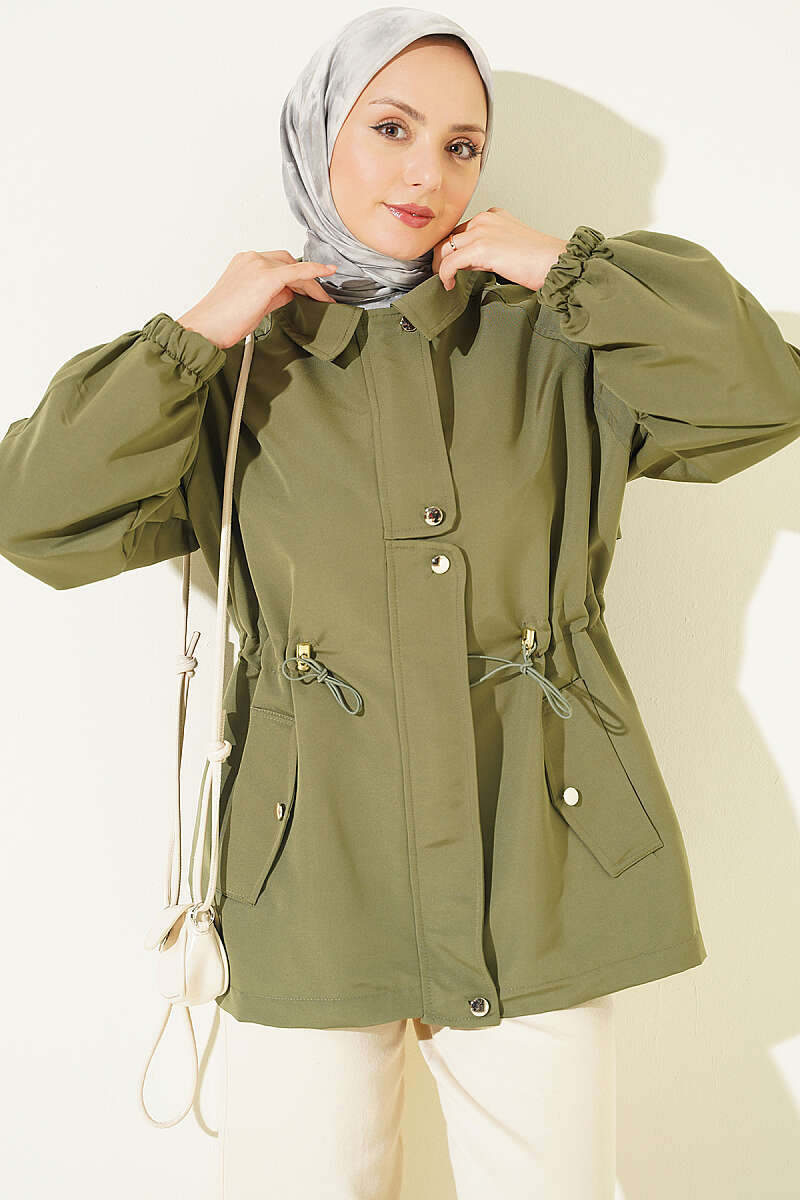 Trench Coat with Epaulettes and Elastic Waist - Khaki