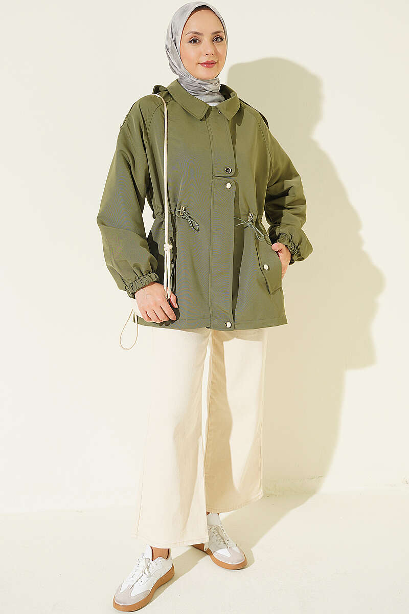 Trench Coat with Epaulettes and Elastic Waist - Khaki