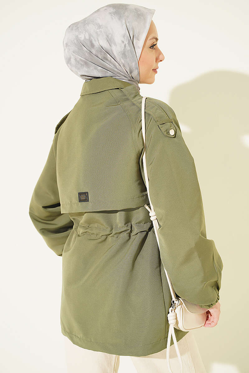Trench Coat with Epaulettes and Elastic Waist - Khaki