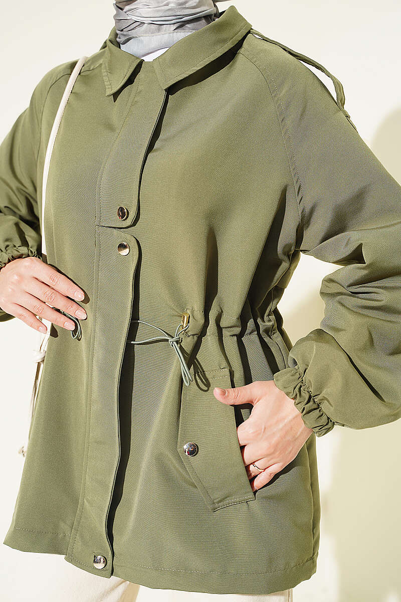 Trench Coat with Epaulettes and Elastic Waist - Khaki