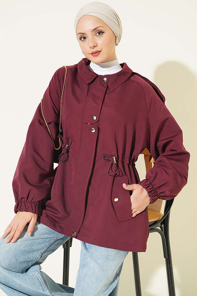 Trench Coat with Epaulettes and Elastic Waist - Plum