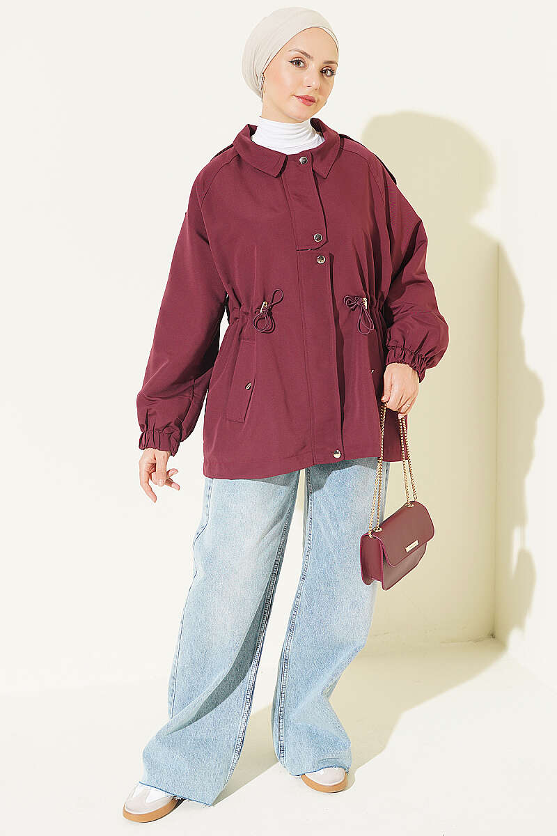 Trench Coat with Epaulettes and Elastic Waist - Plum