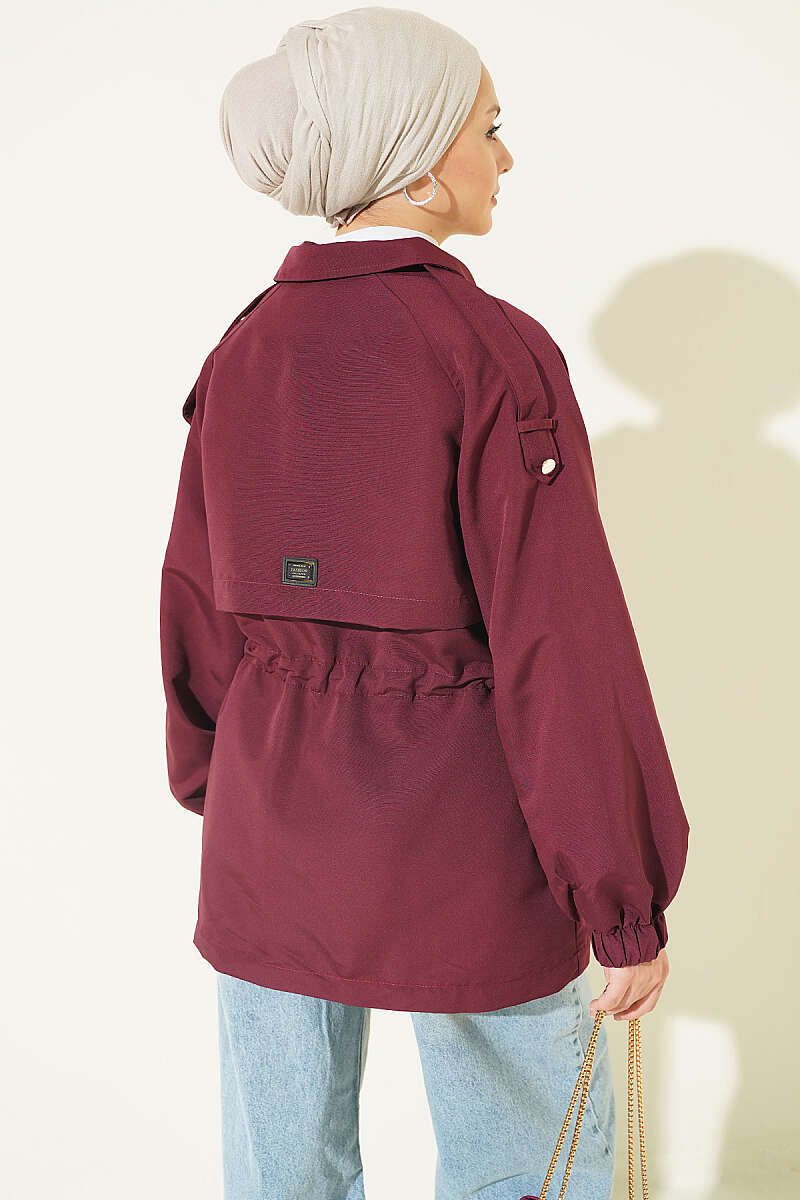 Trench Coat with Epaulettes and Elastic Waist - Plum