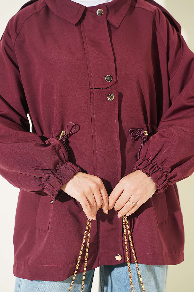 Trench Coat with Epaulettes and Elastic Waist - Plum