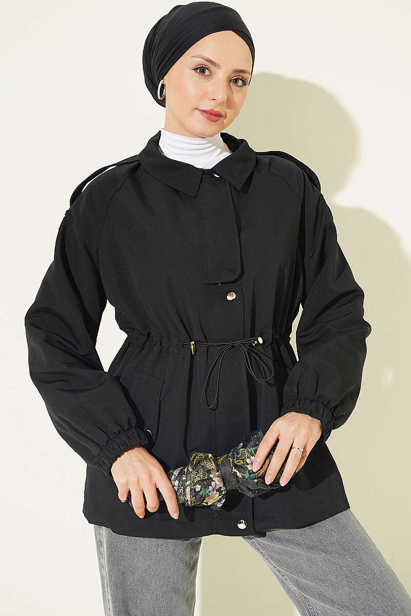 Trench Coat with Epaulettes and Elastic Waist - Black