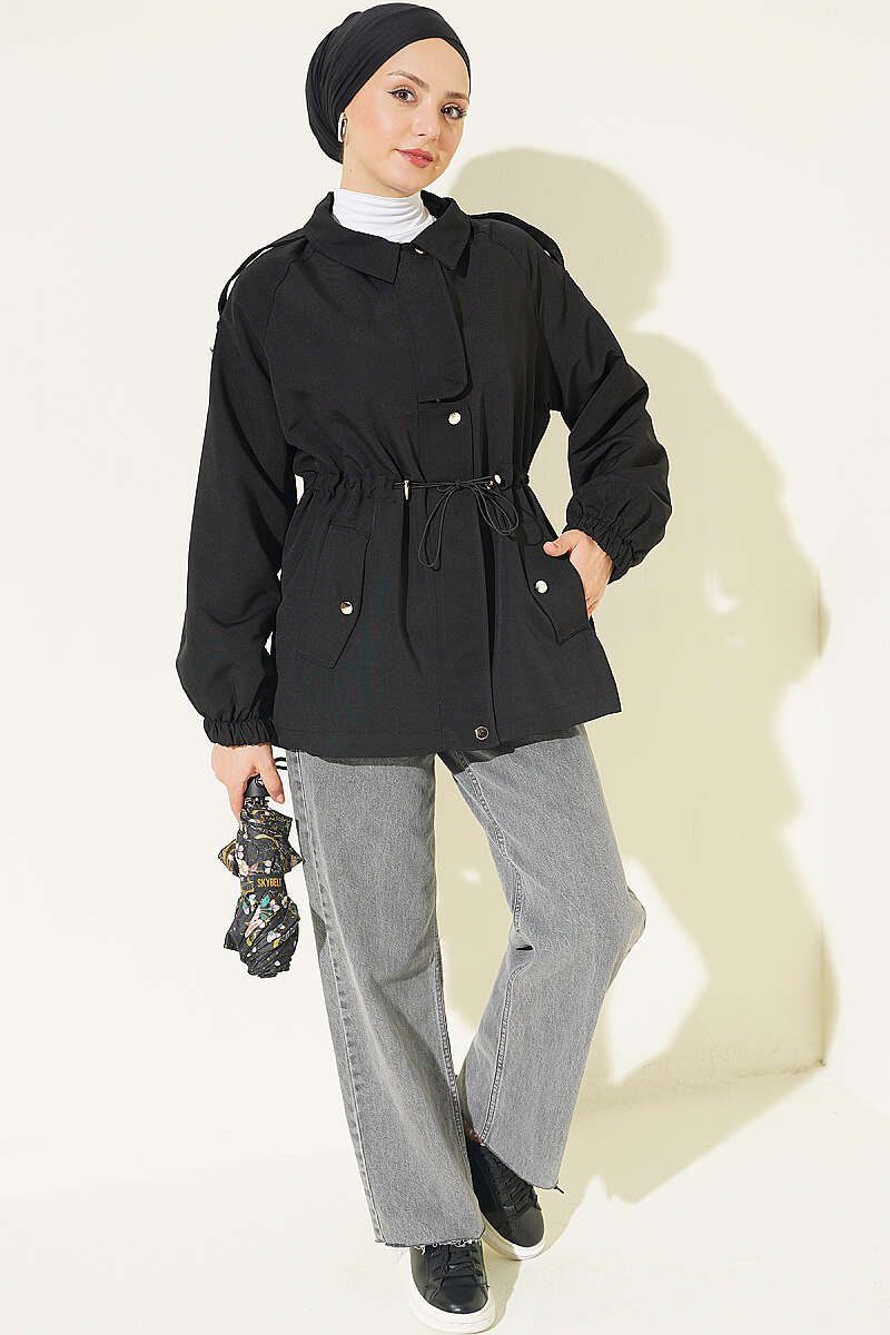 Trench Coat with Epaulettes and Elastic Waist - Black