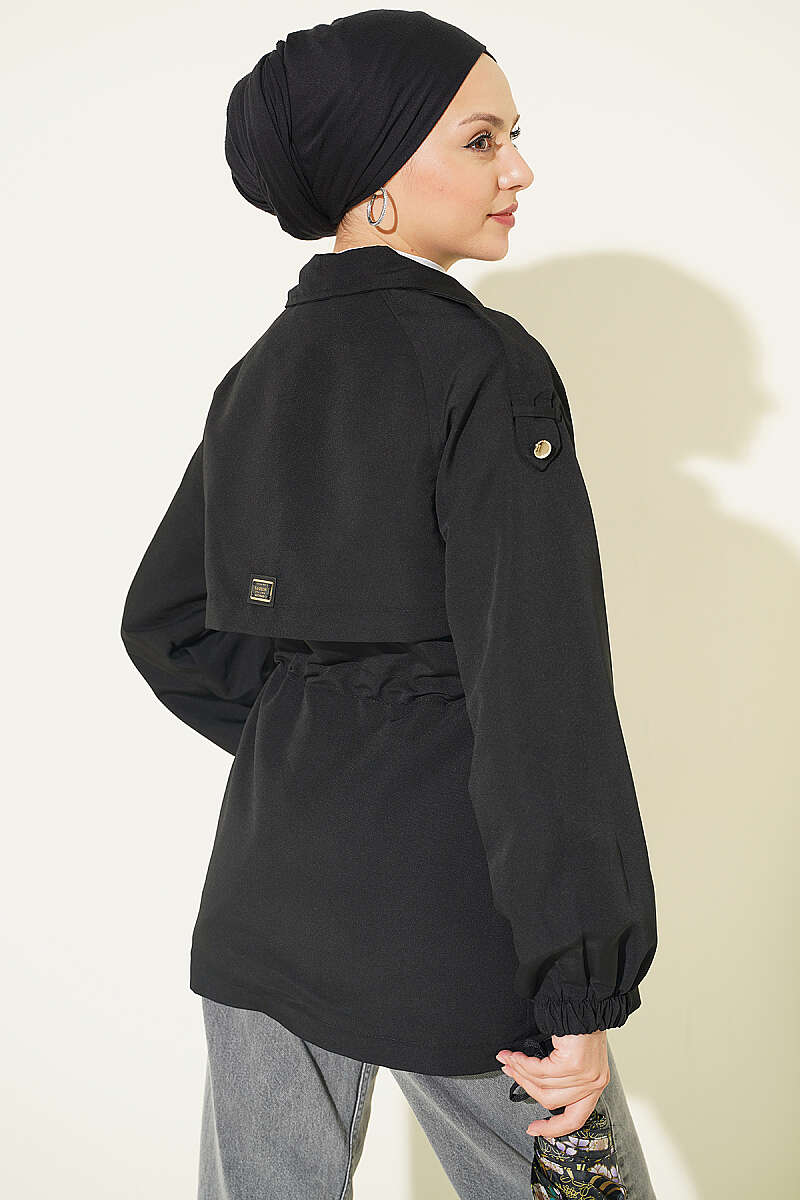 Trench Coat with Epaulettes and Elastic Waist - Black