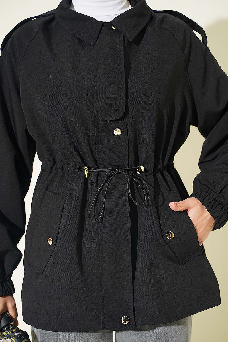 Trench Coat with Epaulettes and Elastic Waist - Black