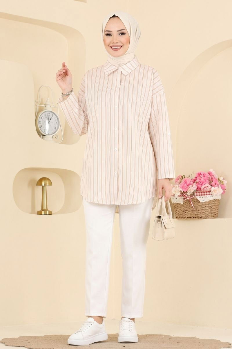 Striped Shirt with Epaulettes - Beige