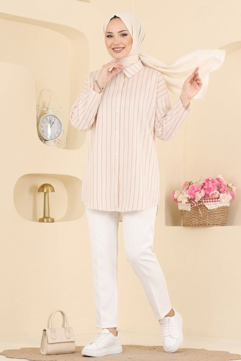 Striped Shirt with Epaulettes - Beige
