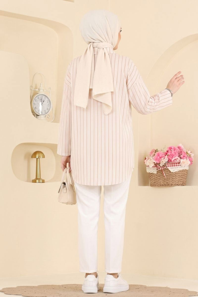 Striped Shirt with Epaulettes - Beige