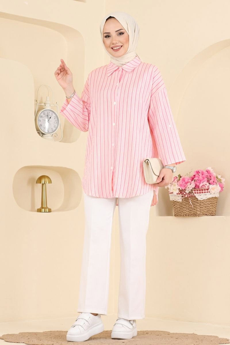 Striped Shirt with Epaulettes - Pink