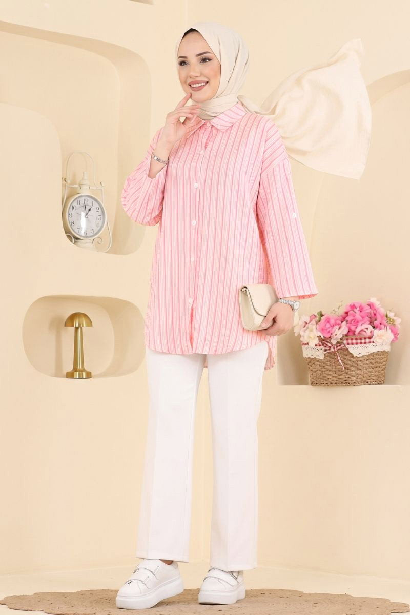 Striped Shirt with Epaulettes - Pink