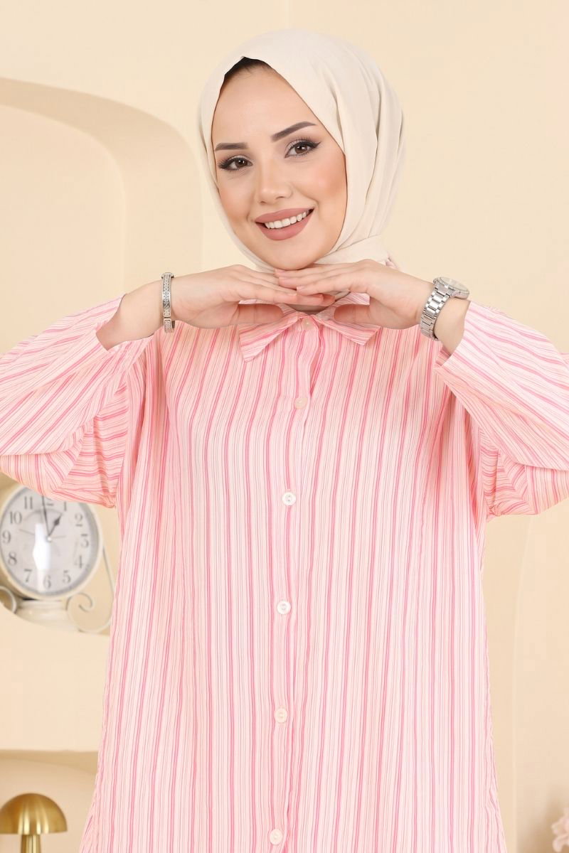 Striped Shirt with Epaulettes - Pink