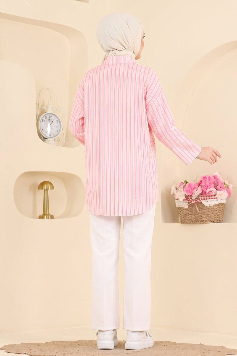 Striped Shirt with Epaulettes - Pink