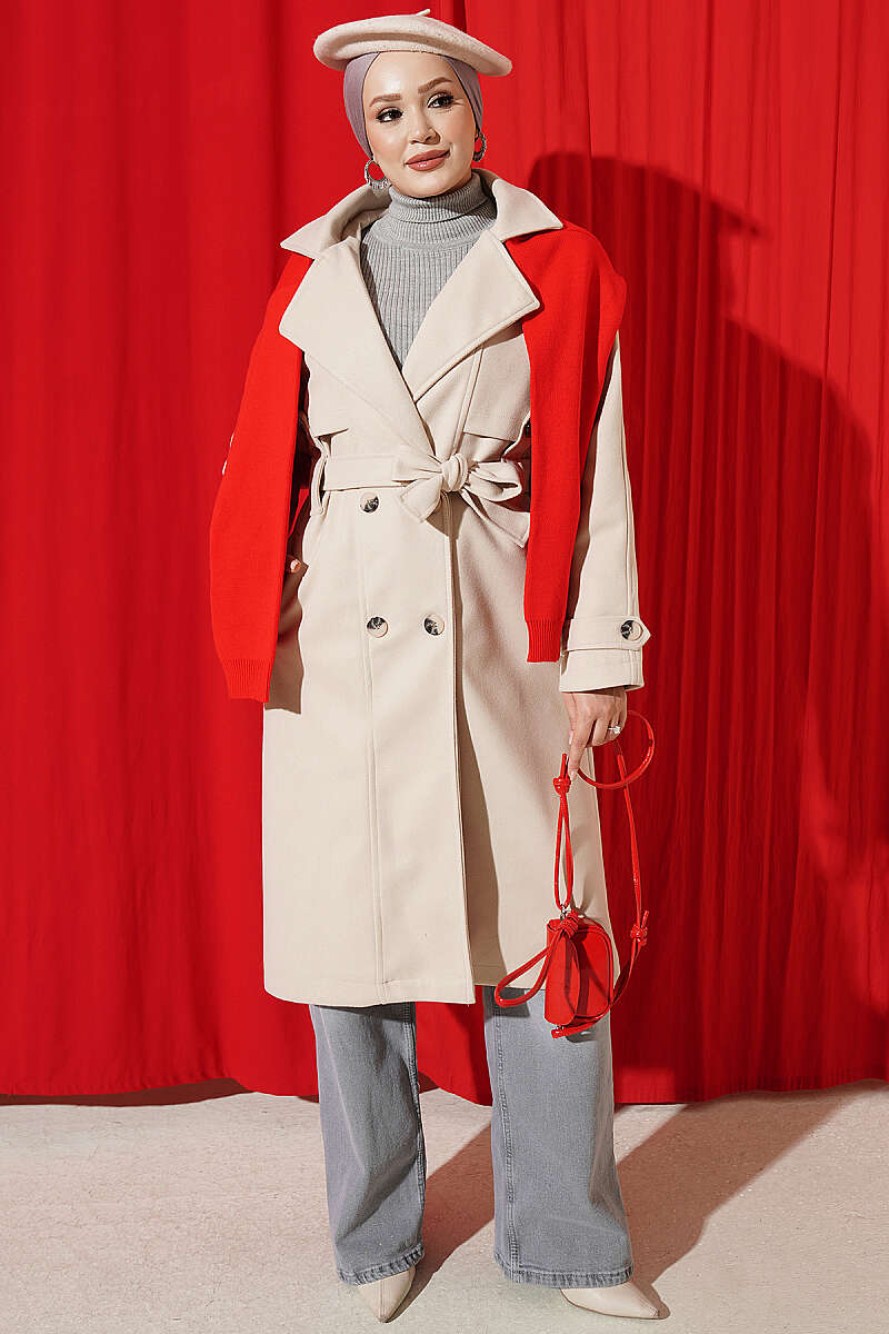 Felt Coat with Epaulettes and Button Detail - Beige