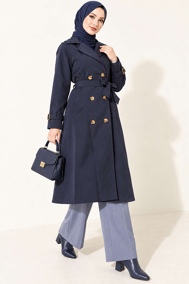 Double-Breasted Trench Coat with Epaulettes - Navy