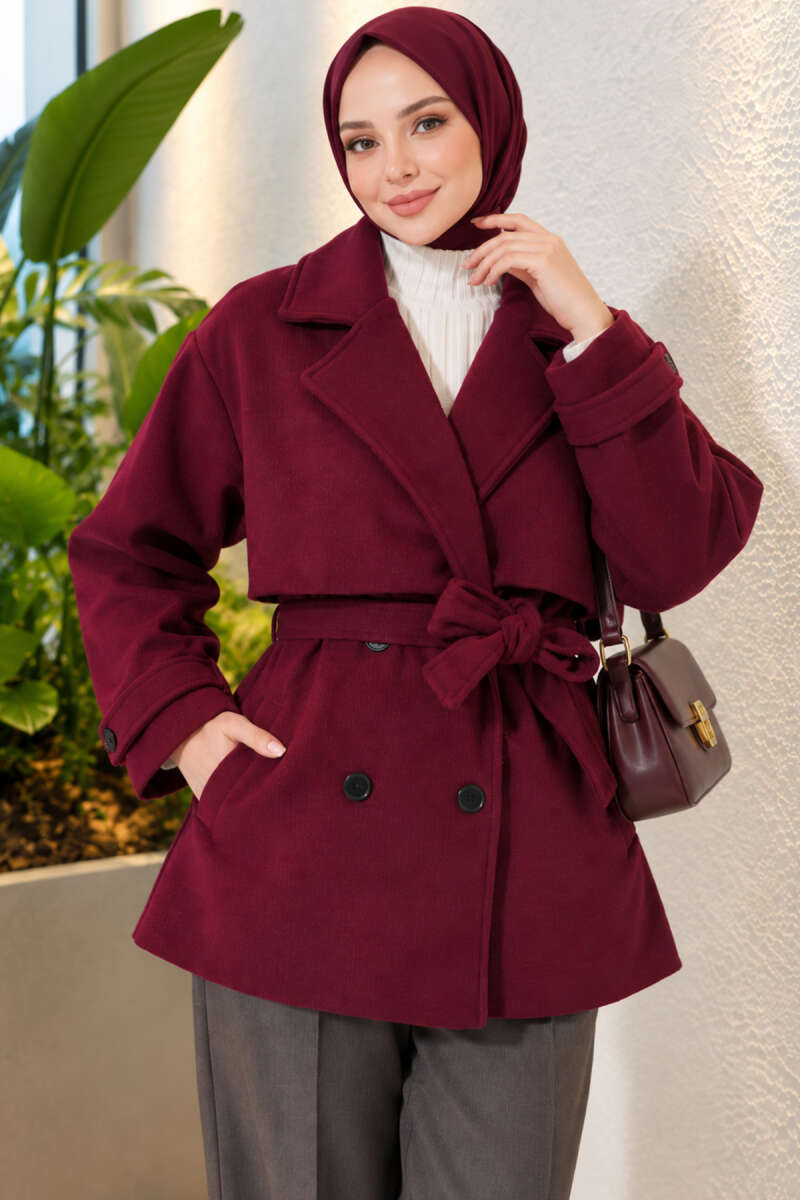 Short Coat with Epaulettes and Belt Detail - Plum