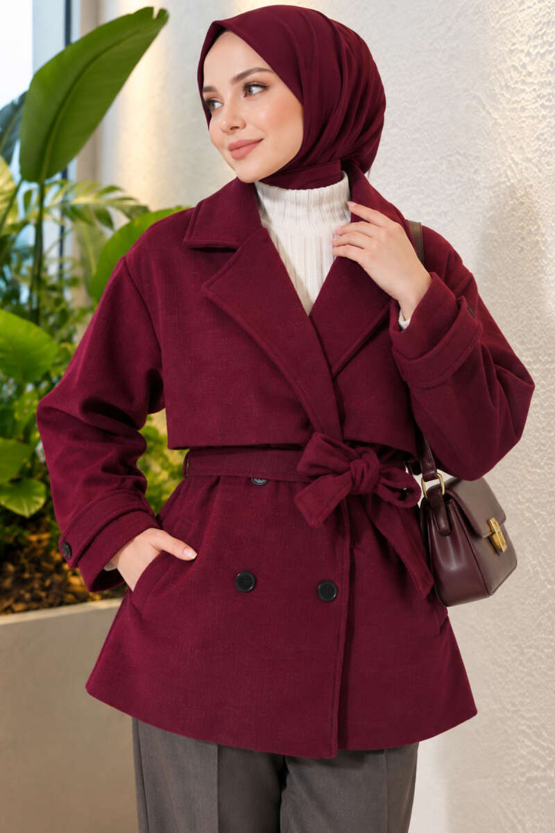 Short Coat with Epaulettes and Belt Detail - Plum
