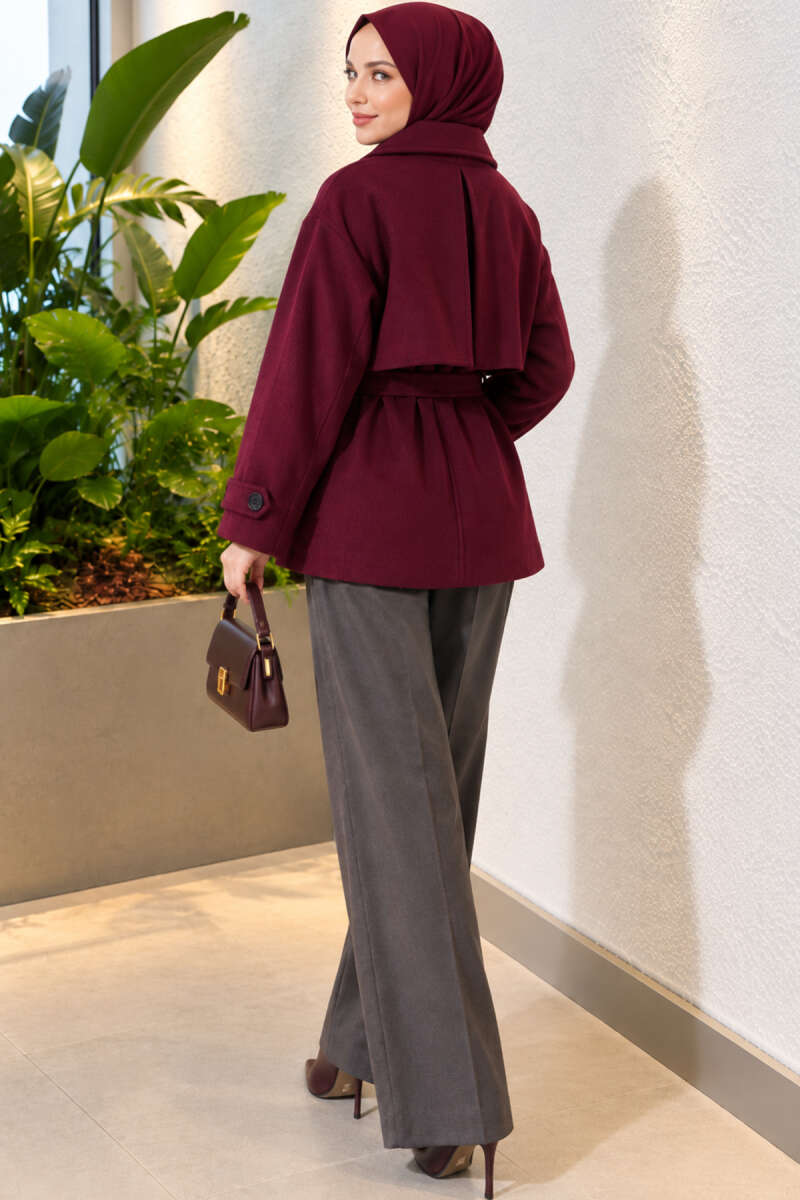 Short Coat with Epaulettes and Belt Detail - Plum
