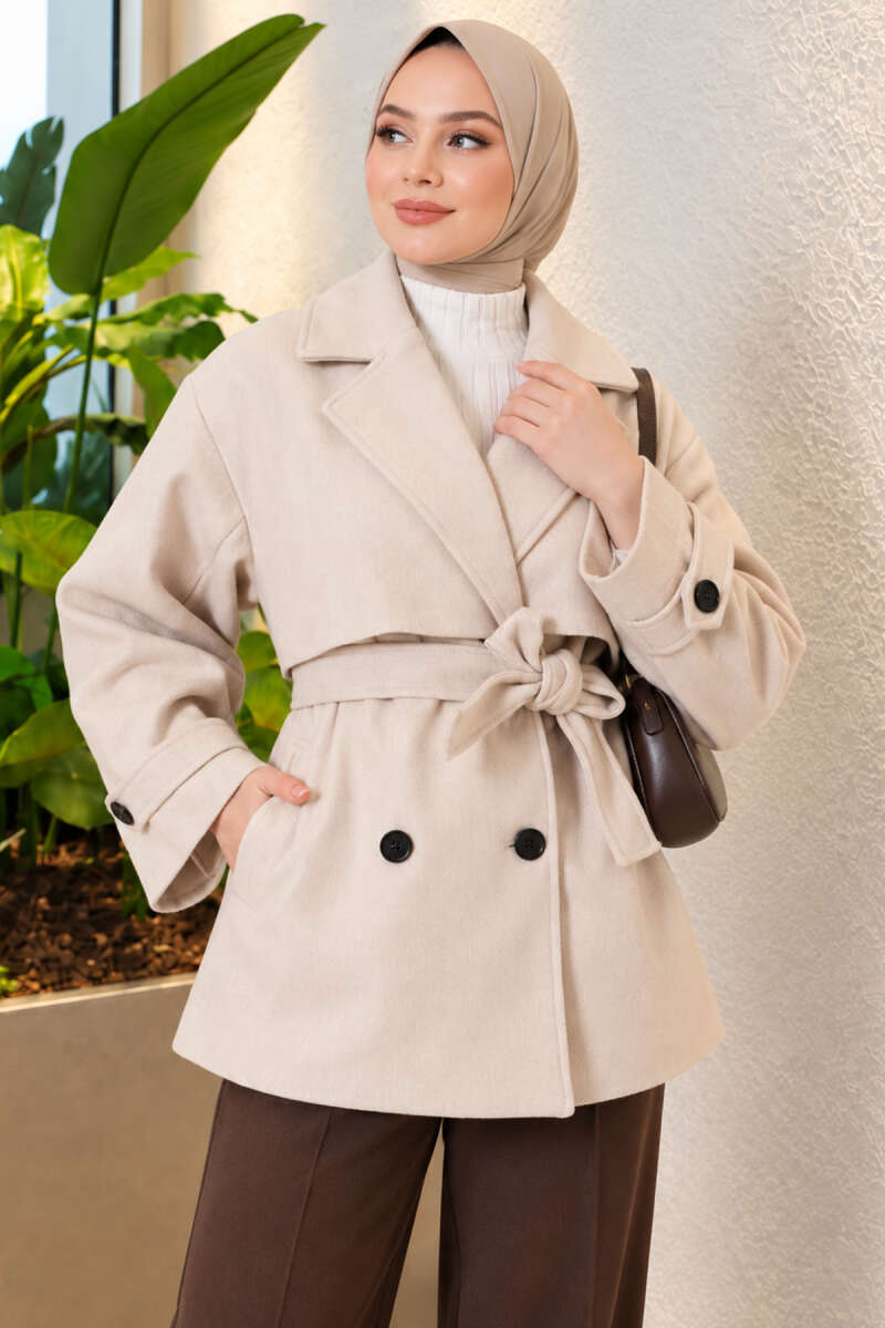 Short Coat with Epaulettes and Belt Detail - Stone