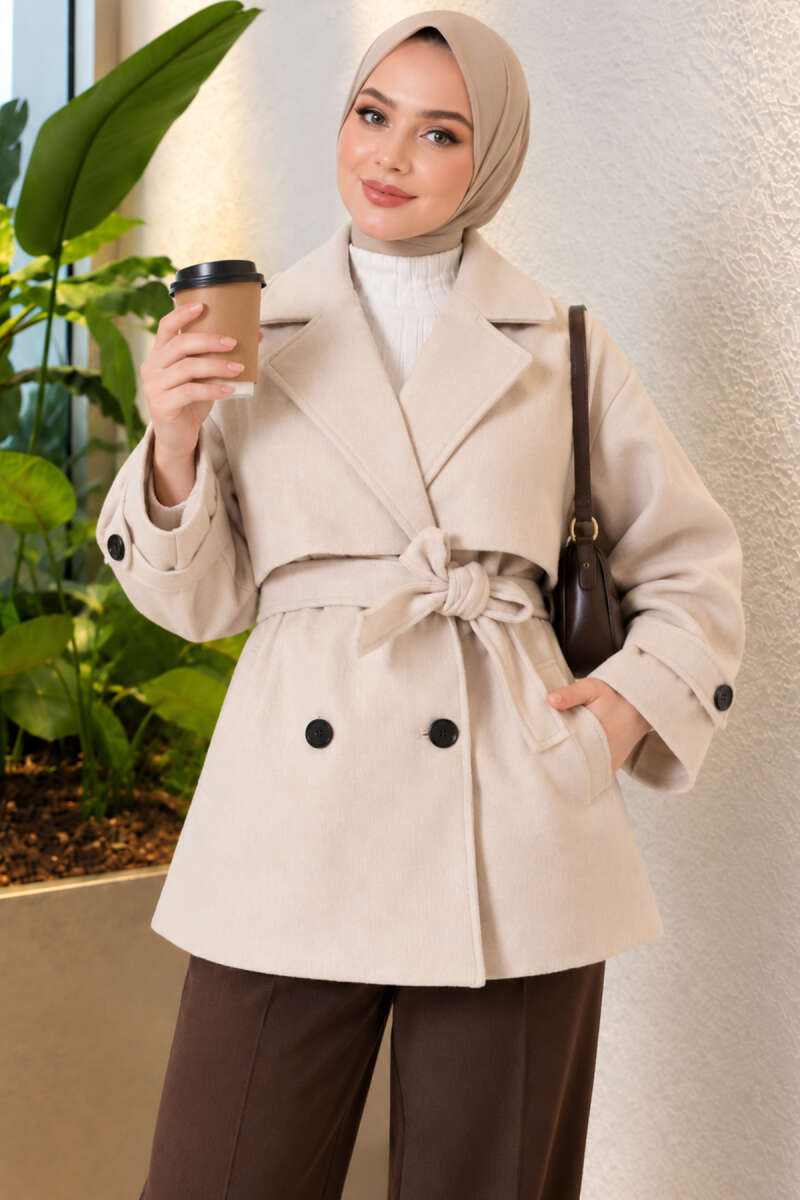 Short Coat with Epaulettes and Belt Detail - Stone