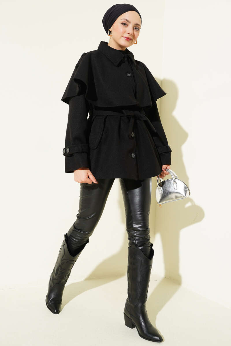 Short Felt Coat with Epaulettes and Cape - Black