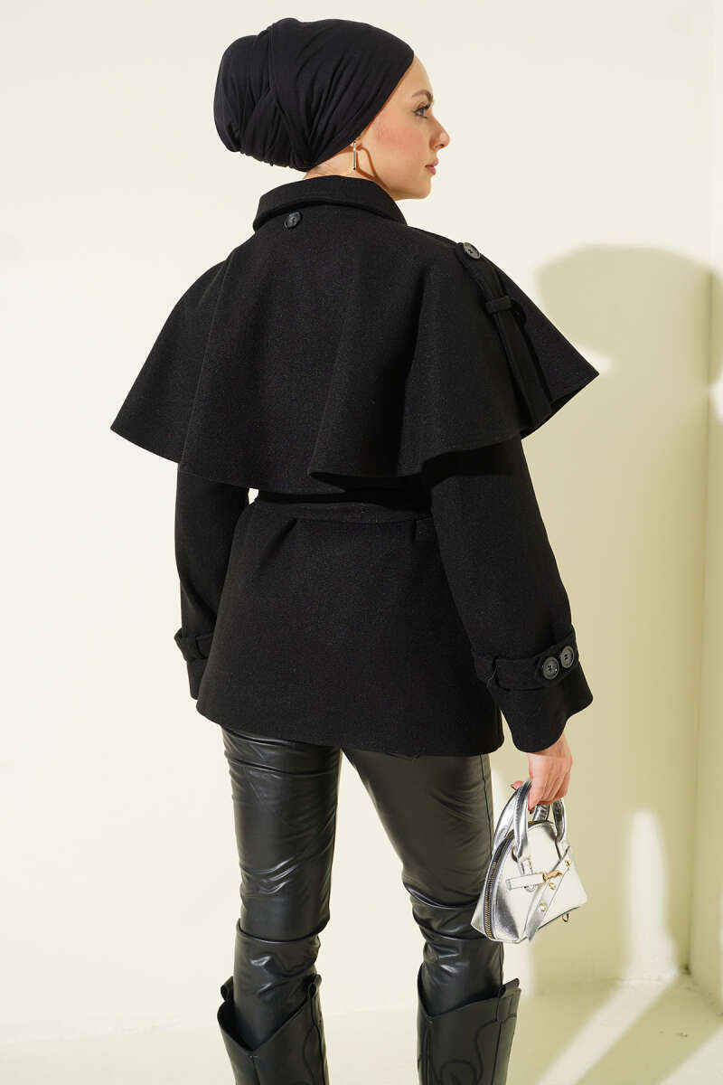 Short Felt Coat with Epaulettes and Cape - Black