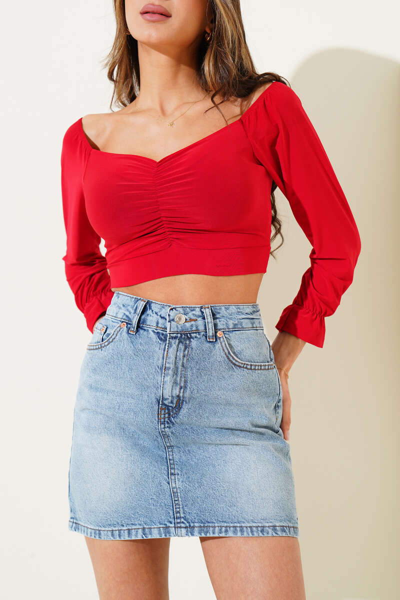 Denim Mini Skirt with Back Pockets - Light Wash