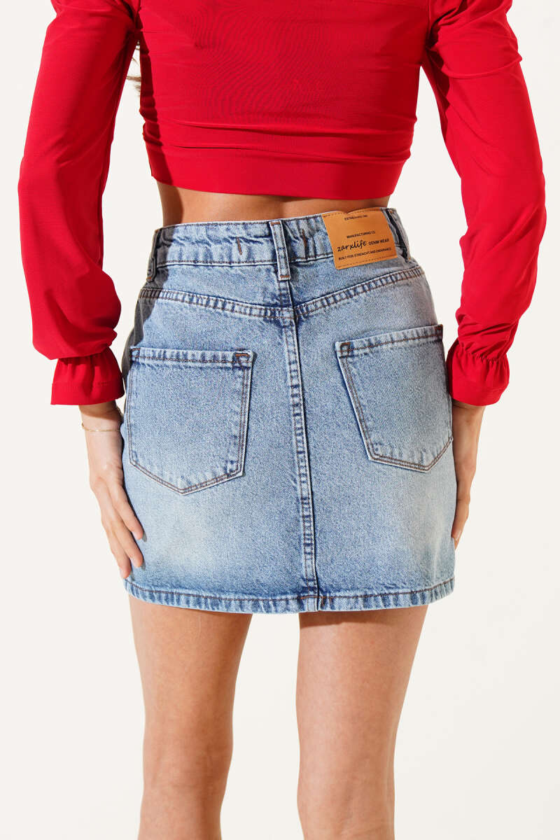 Denim Mini Skirt with Back Pockets - Light Wash