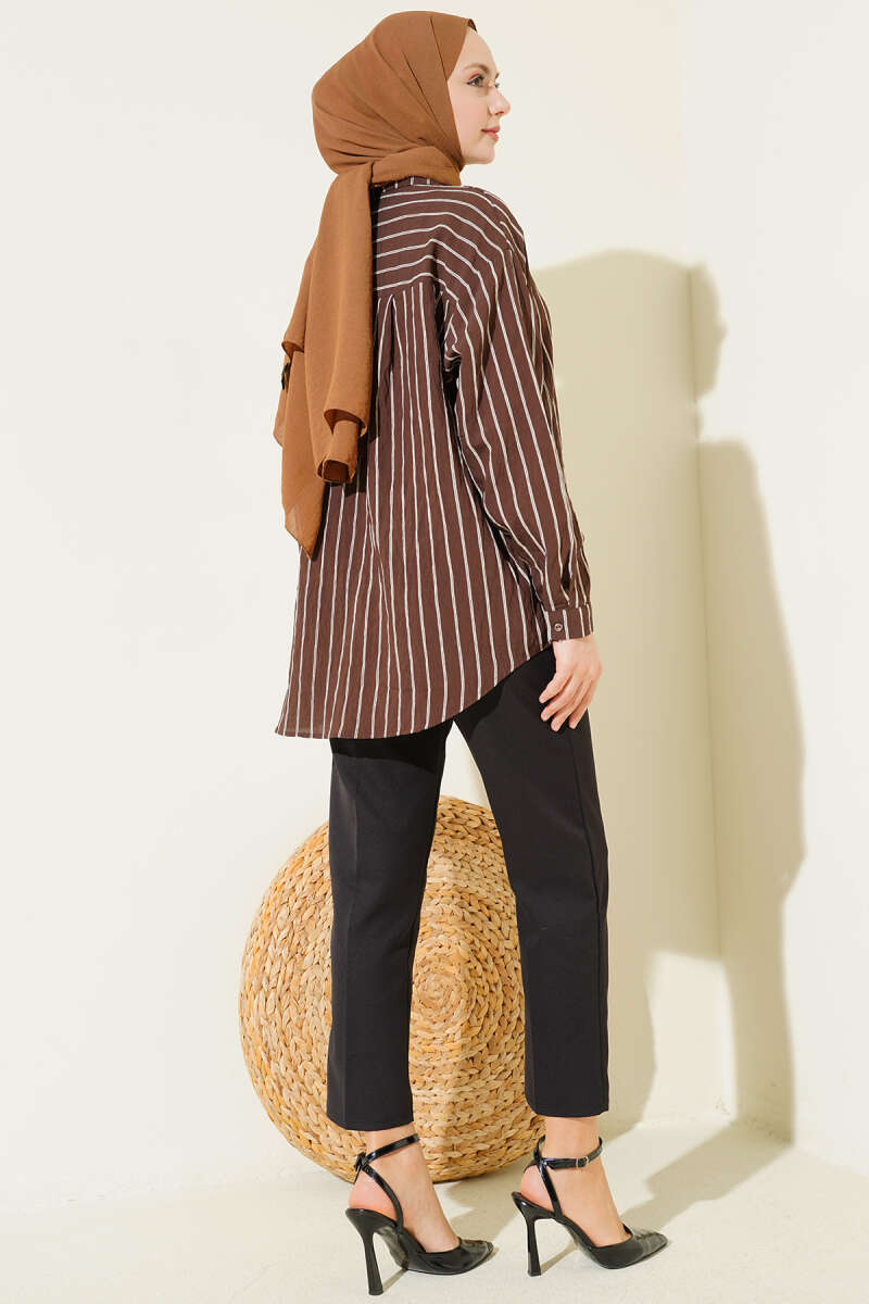 Striped Shirt with Double Back Pleat - Brown
