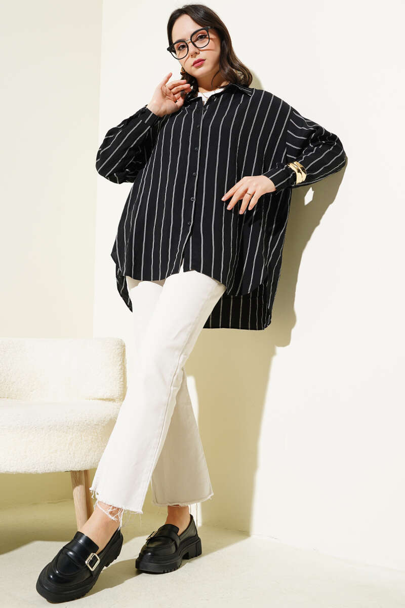Striped Shirt with Double Back Pleat - Black