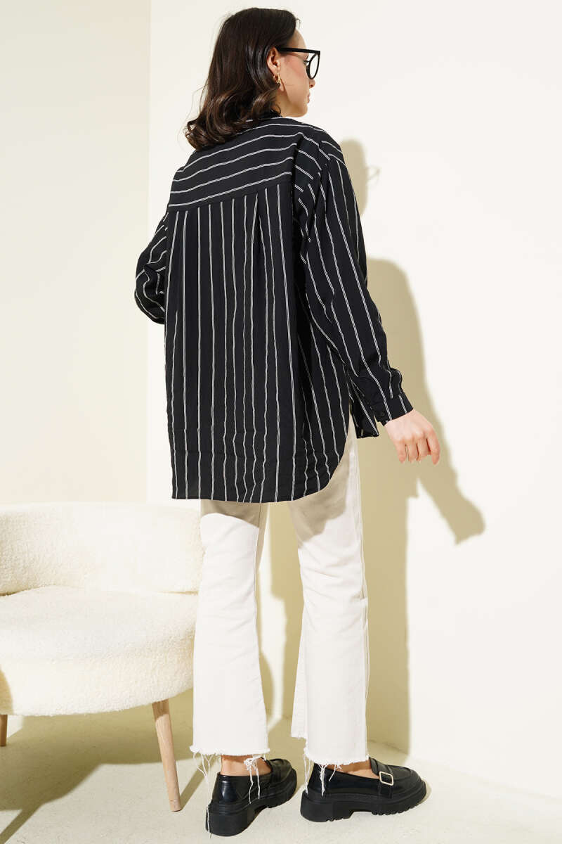Striped Shirt with Double Back Pleat - Black