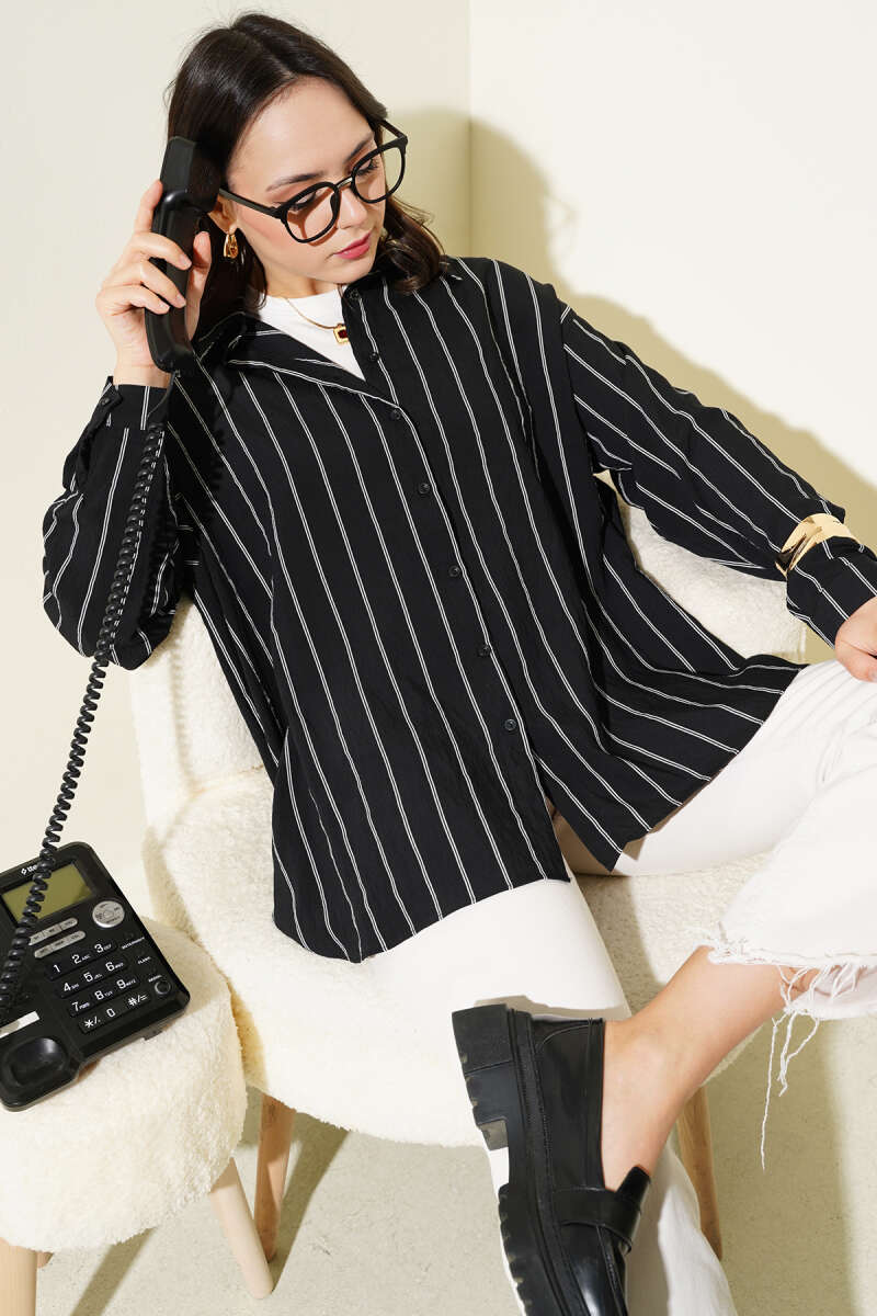 Striped Shirt with Double Back Pleat - Black