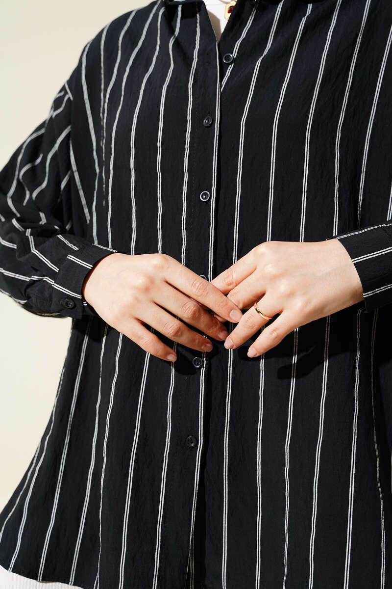 Striped Shirt with Double Back Pleat - Black