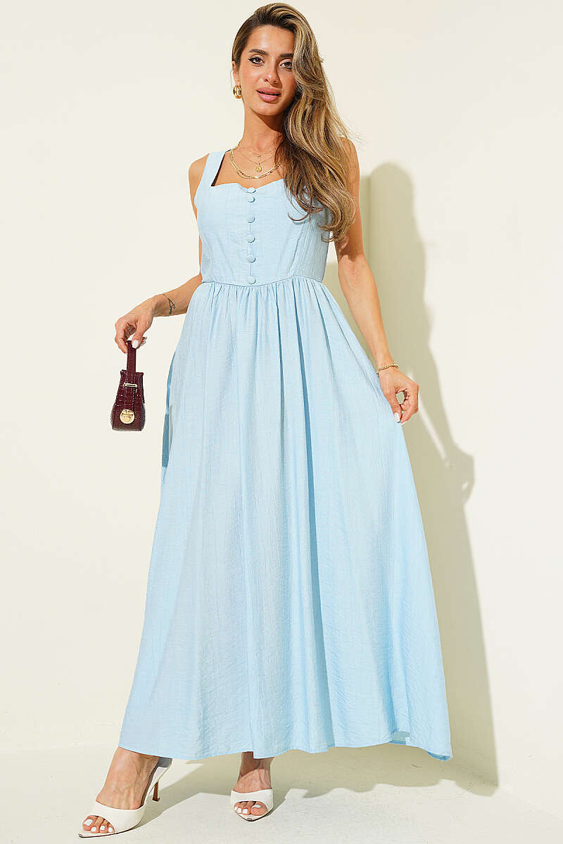 Flared Dress with Guipure Back and Buttons - Light Blue