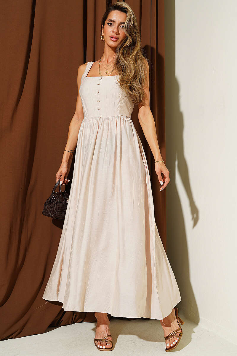 Flared Dress with Guipure Back and Buttons - Beige