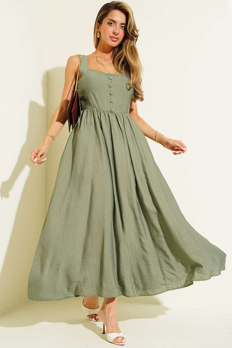 Flared Dress with Guipure Back and Buttons - Khaki
