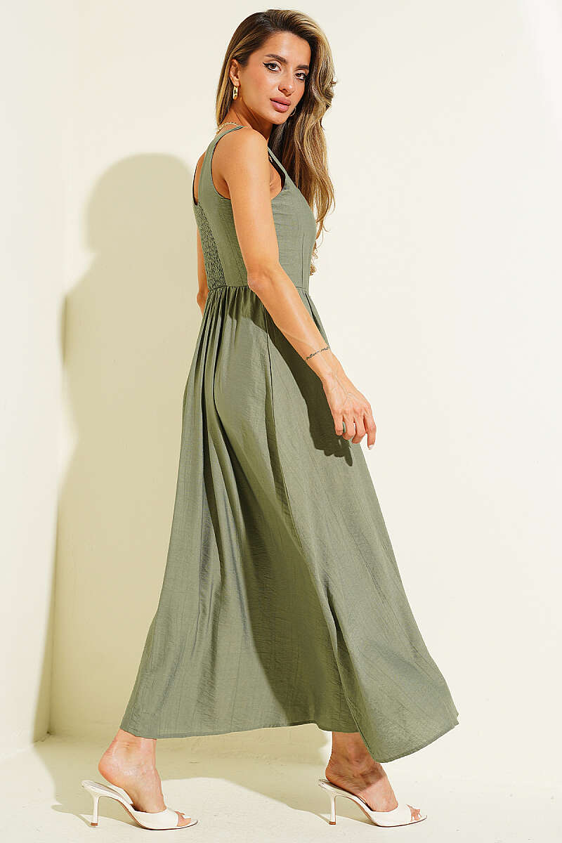 Flared Dress with Guipure Back and Buttons - Khaki