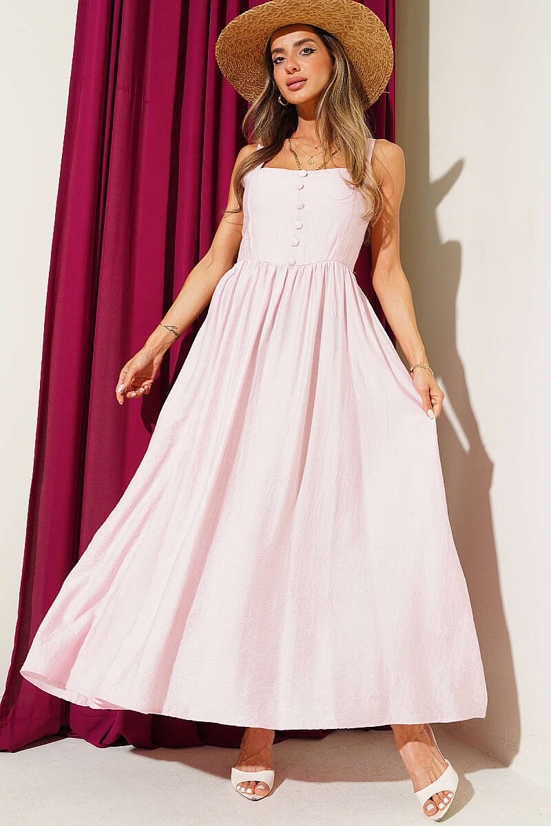 Flared Dress with Guipure Back and Buttons - Pink