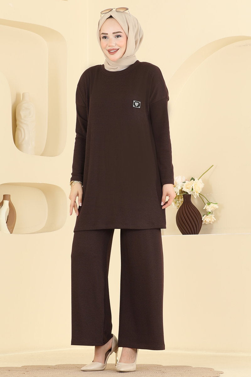 Twisted Knit Two-Piece Set with Emblem - Dark Brown