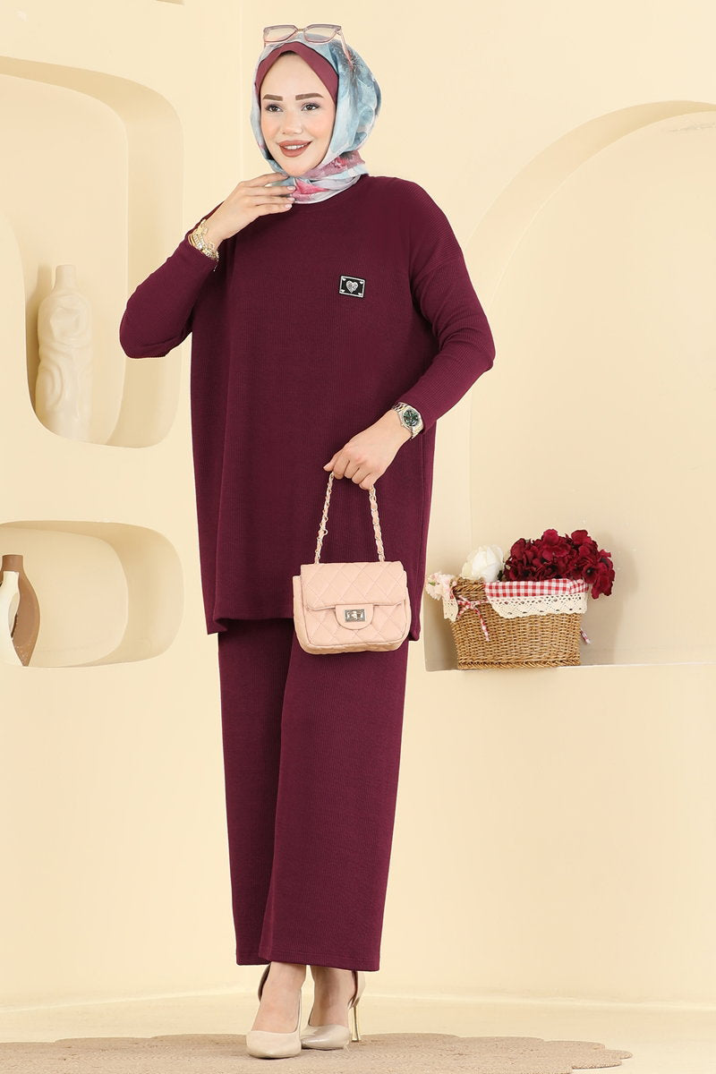 Twisted Knit Two-Piece Set with Emblem - Burgundy