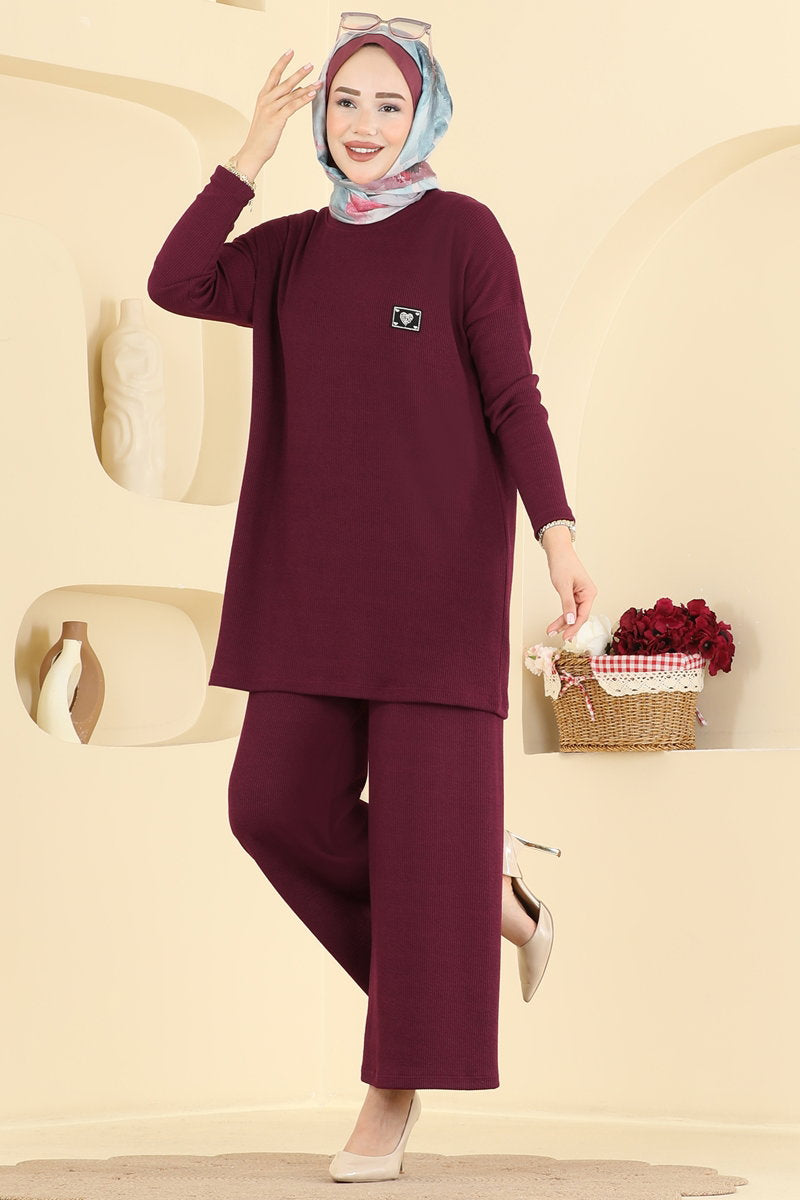 Twisted Knit Two-Piece Set with Emblem - Burgundy