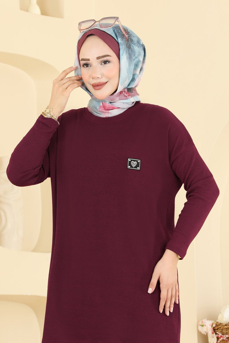 Twisted Knit Two-Piece Set with Emblem - Burgundy