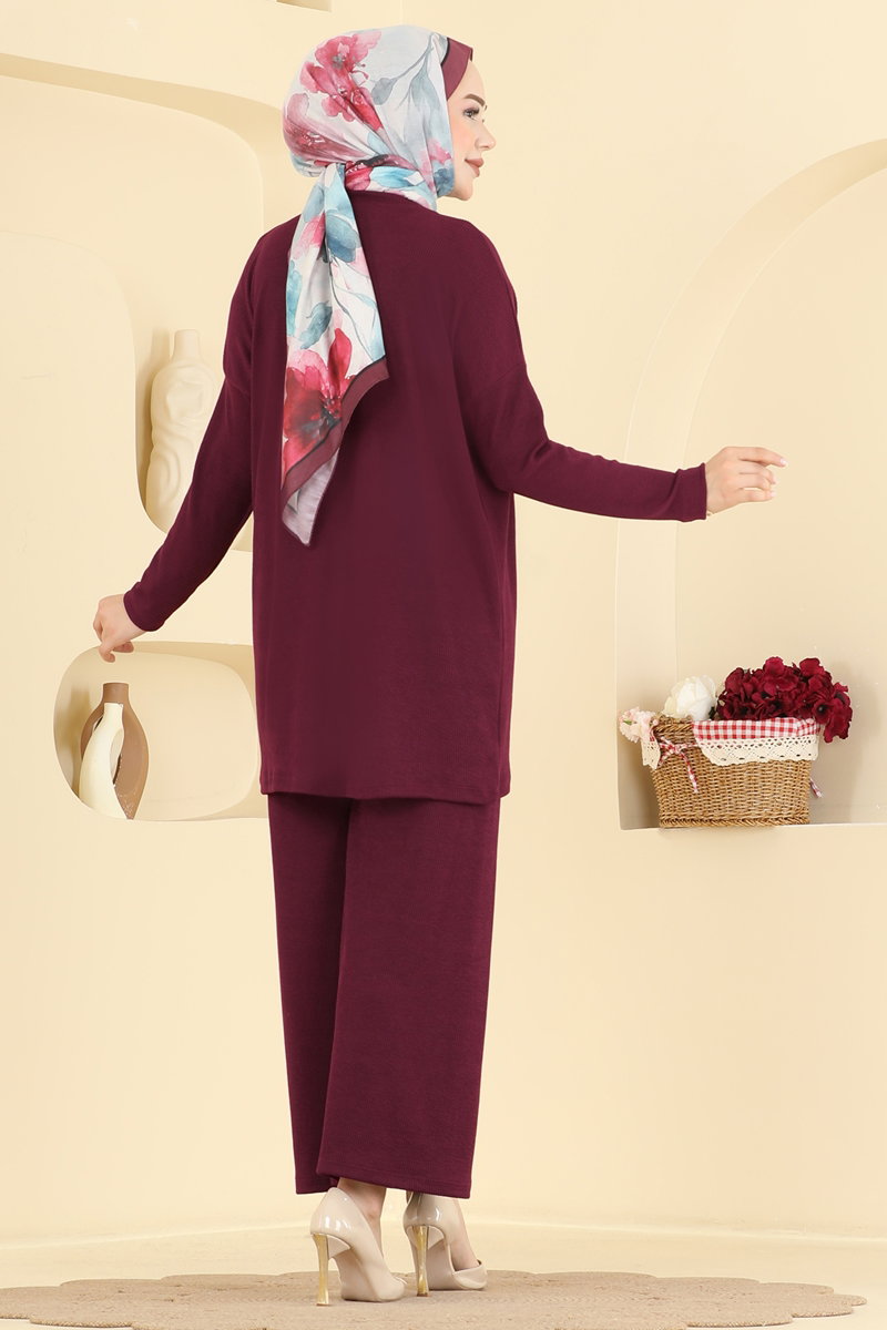Twisted Knit Two-Piece Set with Emblem - Burgundy