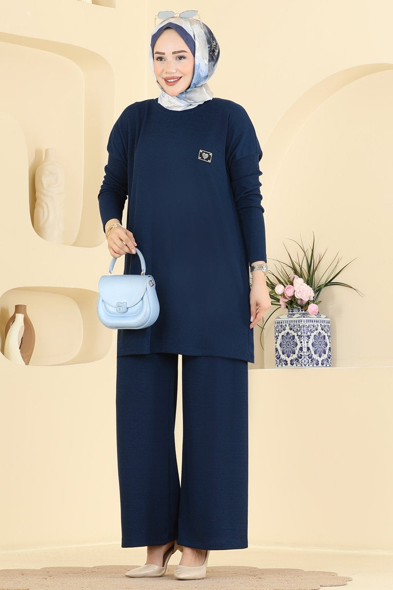 Twisted Knit Two-Piece Set with Emblem - Navy