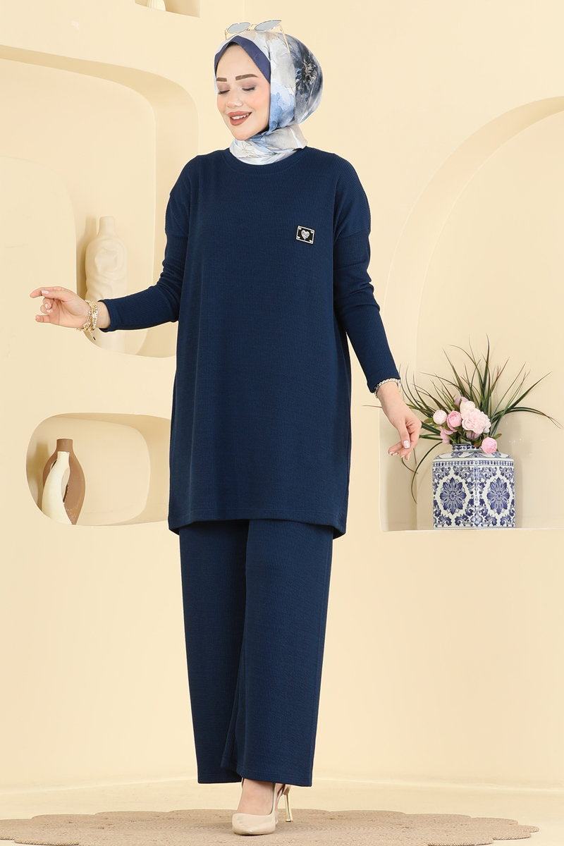 Twisted Knit Two-Piece Set with Emblem - Navy