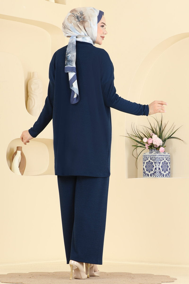 Twisted Knit Two-Piece Set with Emblem - Navy