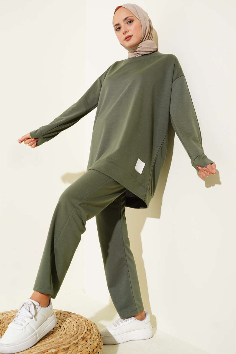Basic Two-Piece Set with Emblem - Khaki