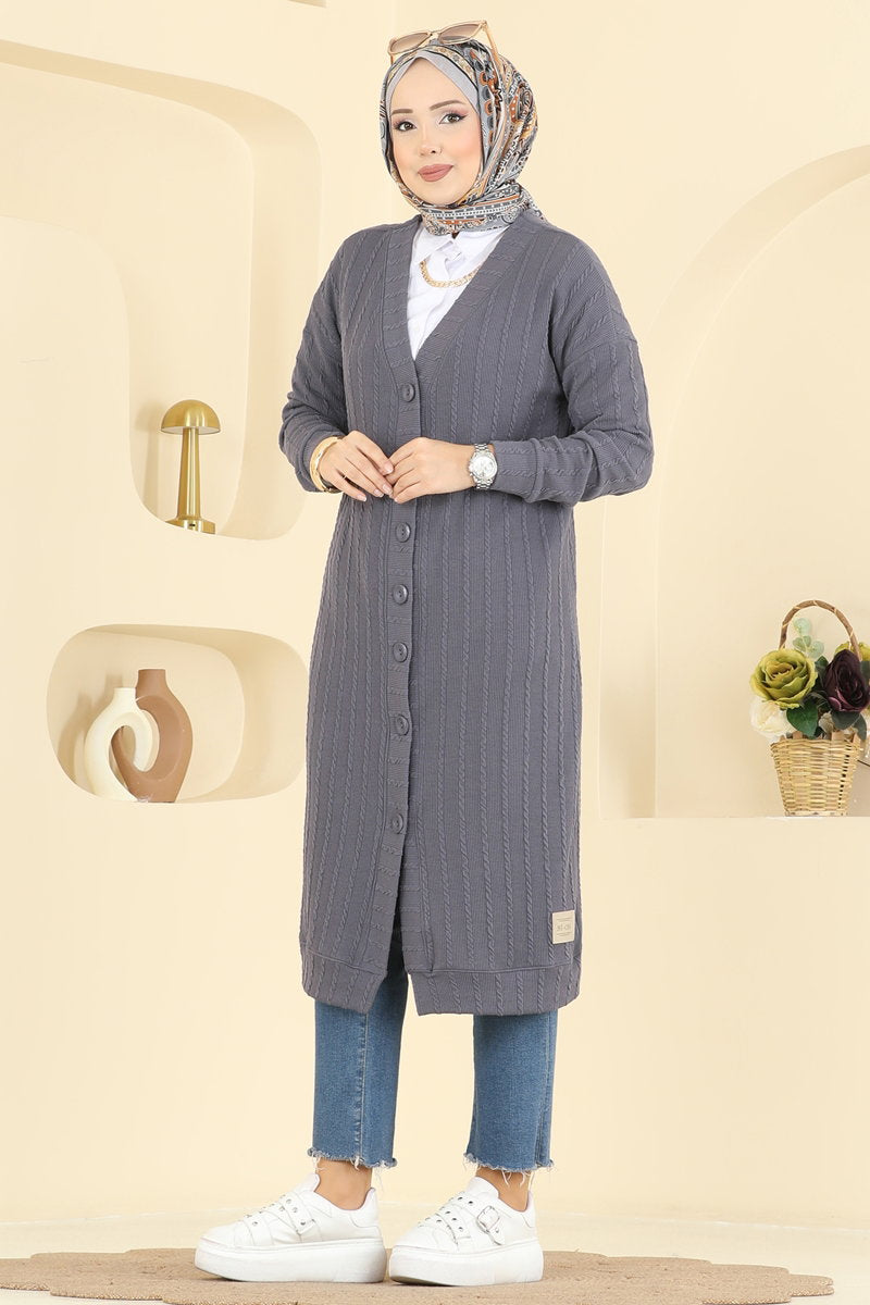 Twisted Knit Cardigan with Emblem - Charcoal